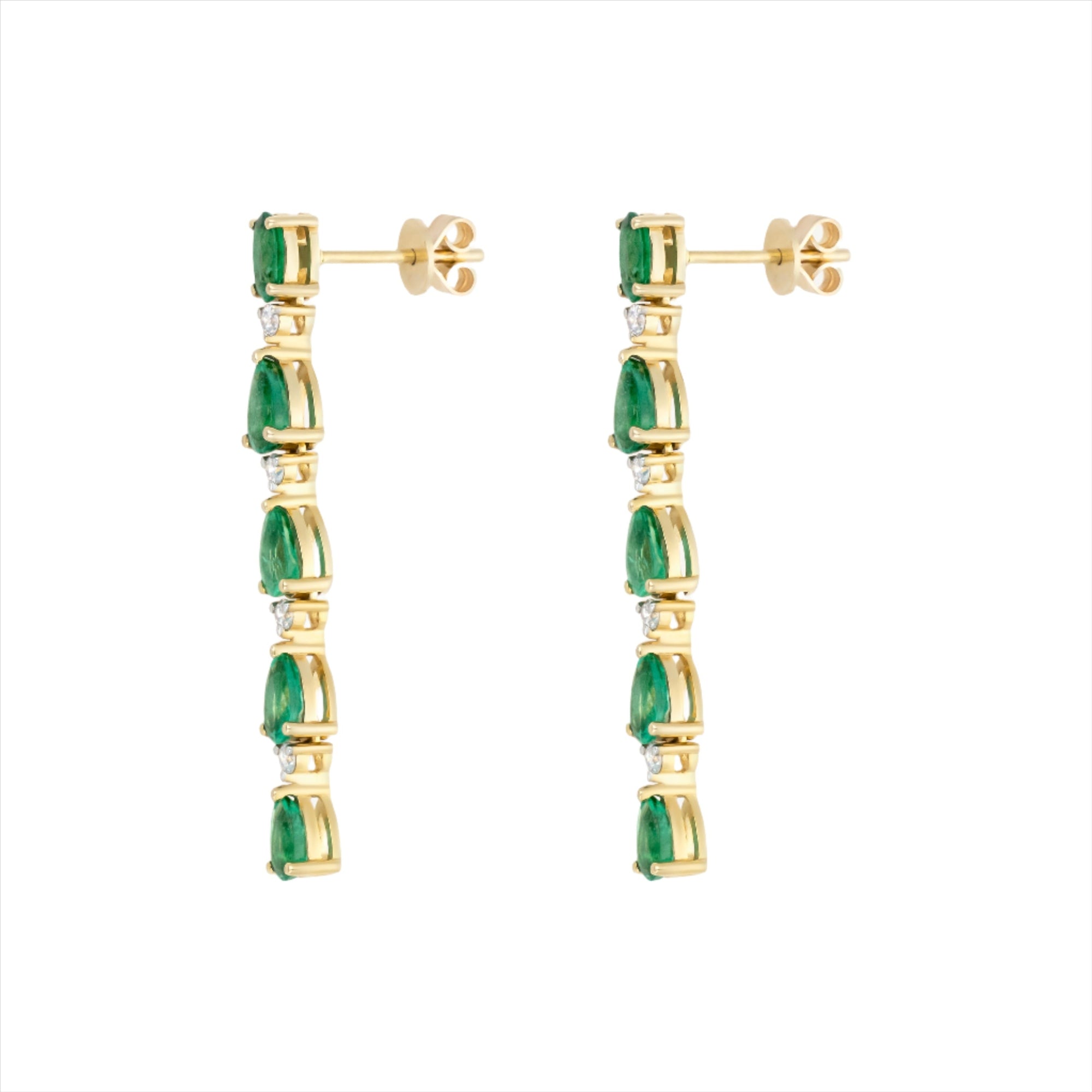 Elegant 14K yellow gold drop earrings featuring a linear arrangement of vivid pear-shaped emeralds totaling 3.52ct, each linked with a prong-set diamond (0.29ct), for a graceful and radiant look.