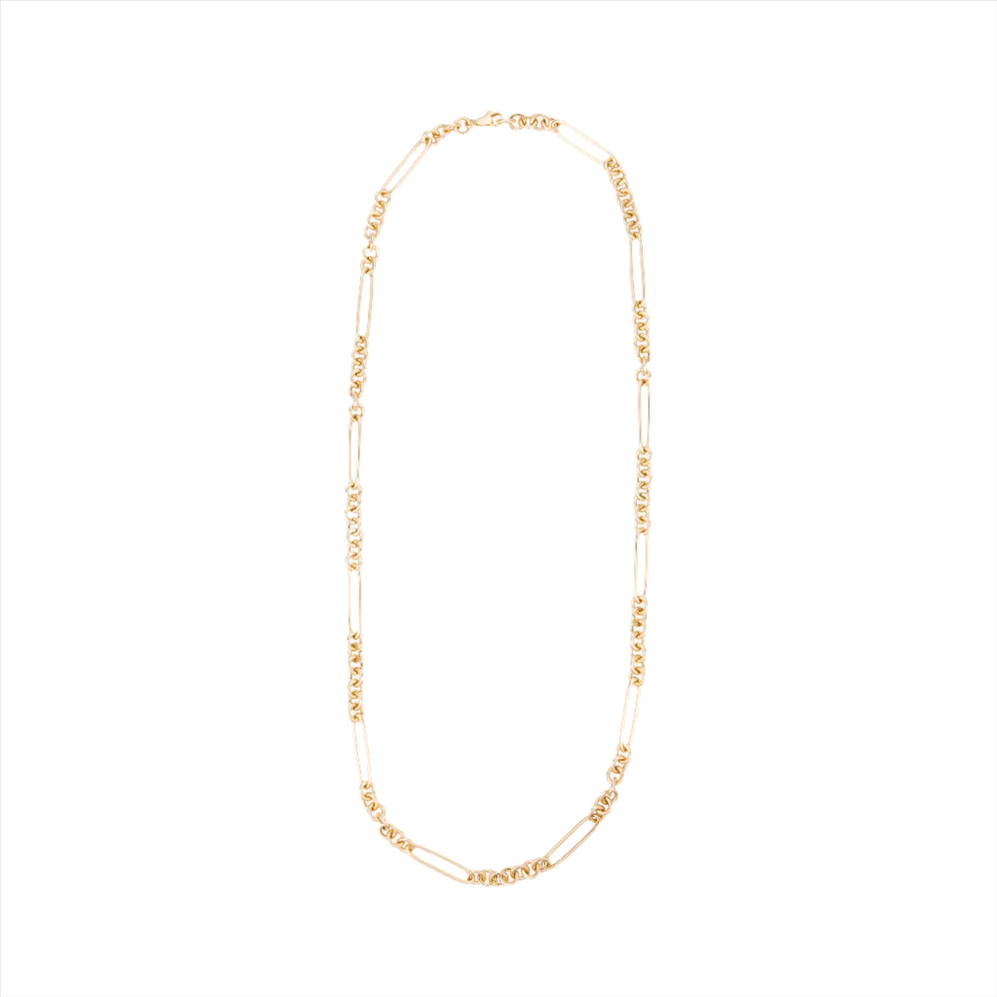 Elegant 14K yellow gold elongated paperclip chain featuring a unique mixed-link design, available in multiple lengths for a timeless and versatile statement piece.