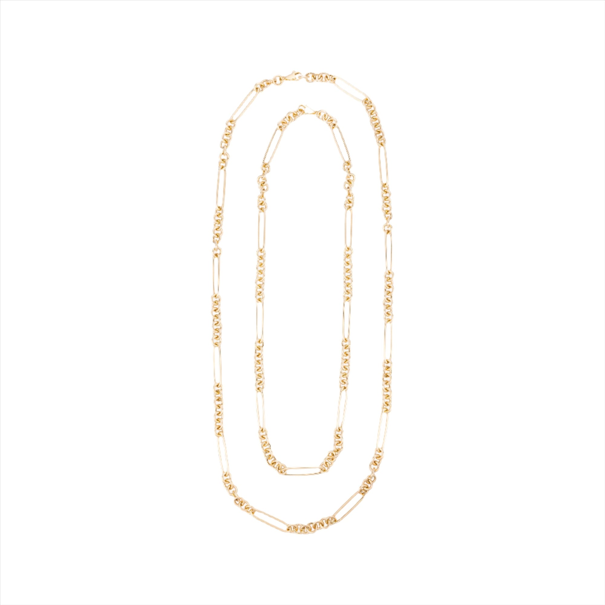 Elegant 14K yellow gold elongated paperclip chain featuring a unique mixed-link design, available in multiple lengths for a timeless and versatile statement piece.