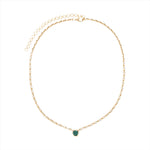 Elegant 14K yellow gold necklace featuring a 1ct bezel-set emerald solitaire pendant on a mini rolo chain with 0.58ct of diamond accents and an adjustable 16–18 inch length.