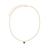 Elegant 14K yellow gold necklace featuring a 1ct bezel-set emerald solitaire pendant on a mini rolo chain with 0.58ct of diamond accents and an adjustable 16–18 inch length.