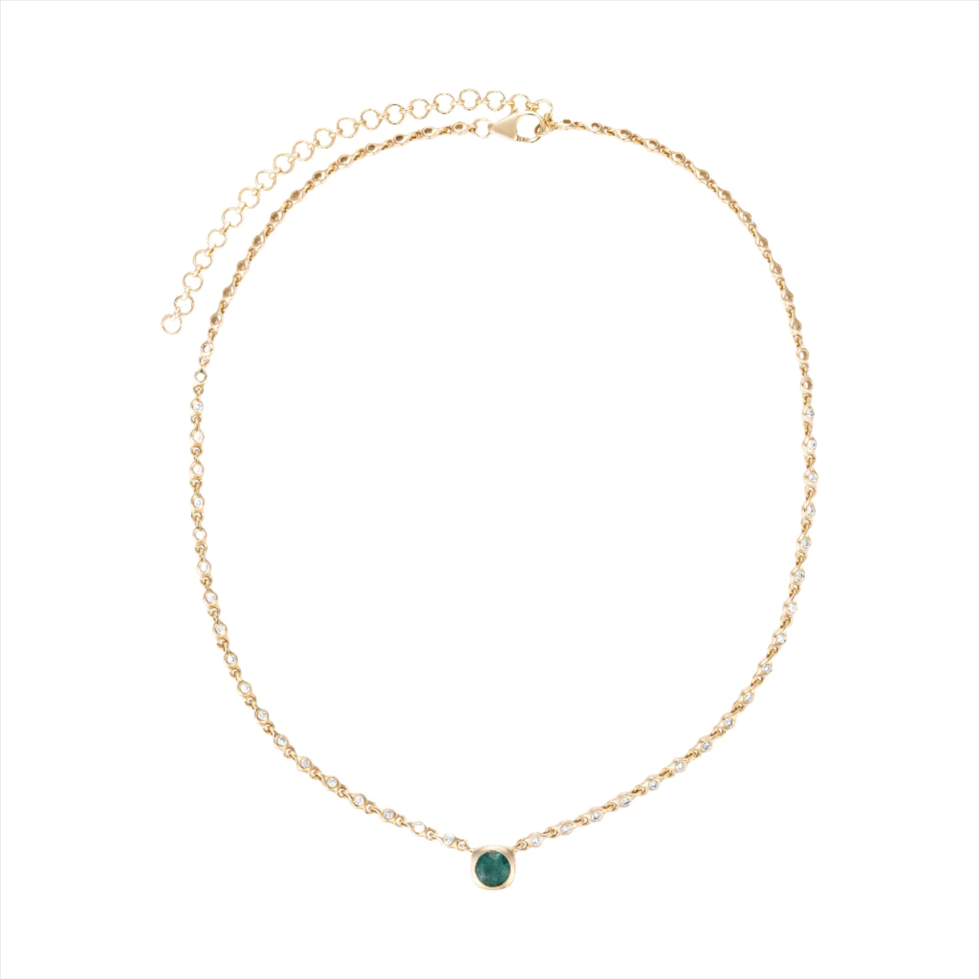 Elegant 14K yellow gold necklace featuring a 1ct bezel-set emerald solitaire pendant on a mini rolo chain with 0.58ct of diamond accents and an adjustable 16–18 inch length.
