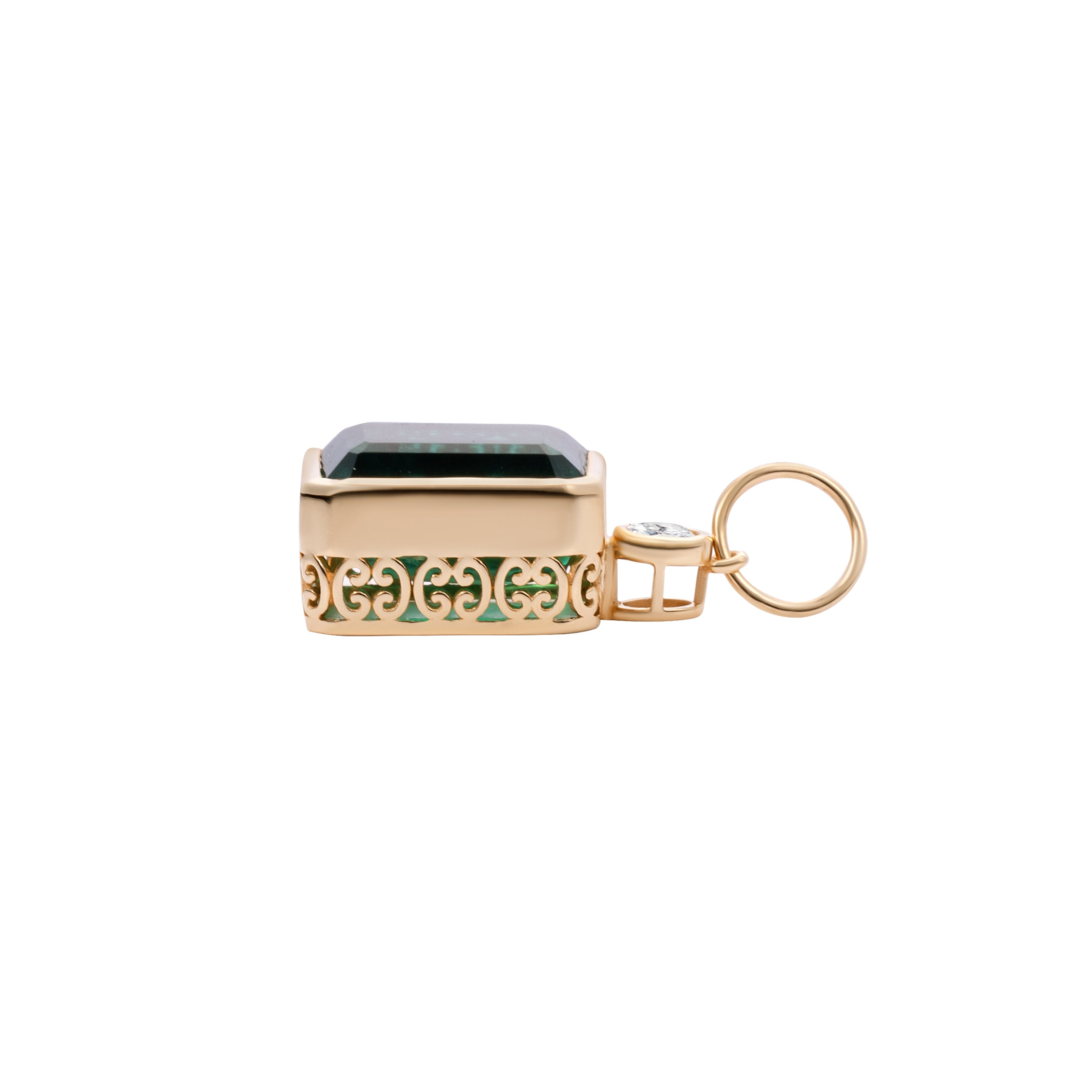 Elegant pendant featuring a large emerald-cut Colombian emerald paired with a diamond accent, framed in 14K yellow gold, showcasing timeless design and exceptional craftsmanship. Side View