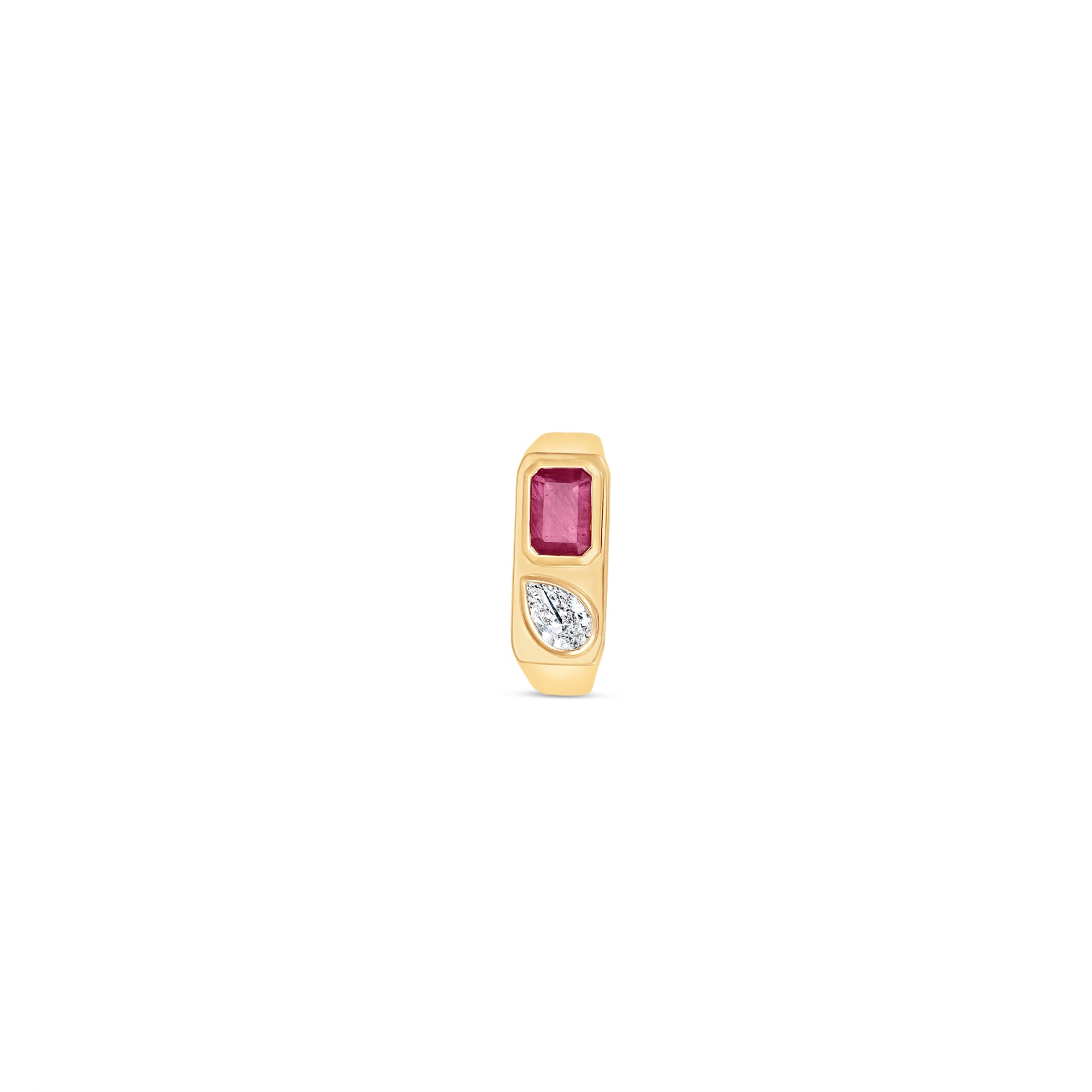 Striking east-west ring crafted in 14K yellow gold, featuring a bezel-set emerald-cut ruby and a sparkling pear-shaped diamond, exuding sophistication and timeless charm as a bold statement piece. Front facing.