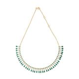 Captivating bib necklace crafted in 14K yellow gold, featuring vibrant emeralds and sparkling diamonds delicately arranged on an adjustable chain for timeless elegance and versatility.