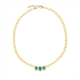 Elegant 14K gold beaded necklace featuring 28.51ct of oval-shaped prong-set emeralds surrounded by 3.88ct of brilliant diamonds, with a total weight of 20.08g—luxurious and timeless.