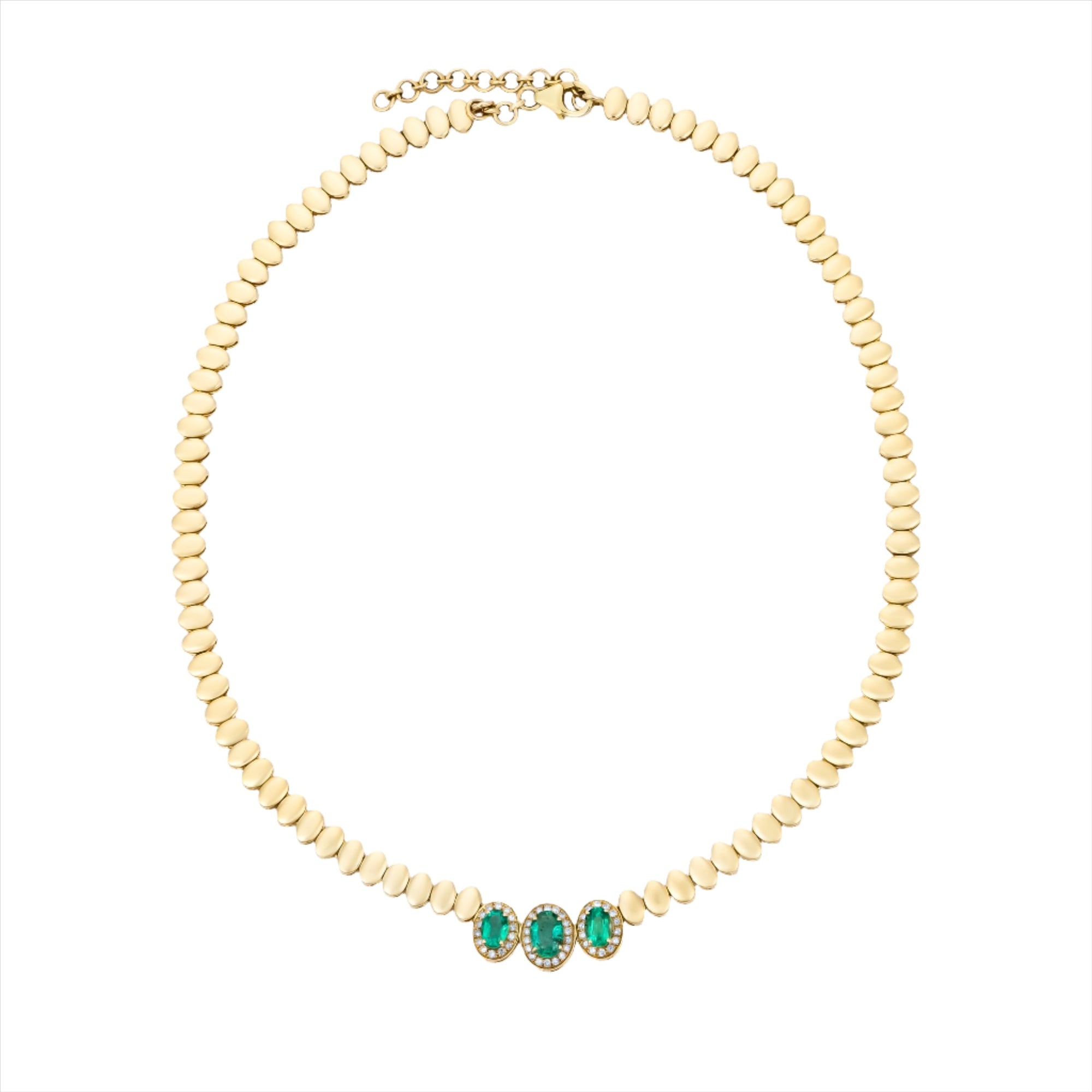 Elegant 14K gold beaded necklace featuring 28.51ct of oval-shaped prong-set emeralds surrounded by 3.88ct of brilliant diamonds, with a total weight of 20.08g—luxurious and timeless.