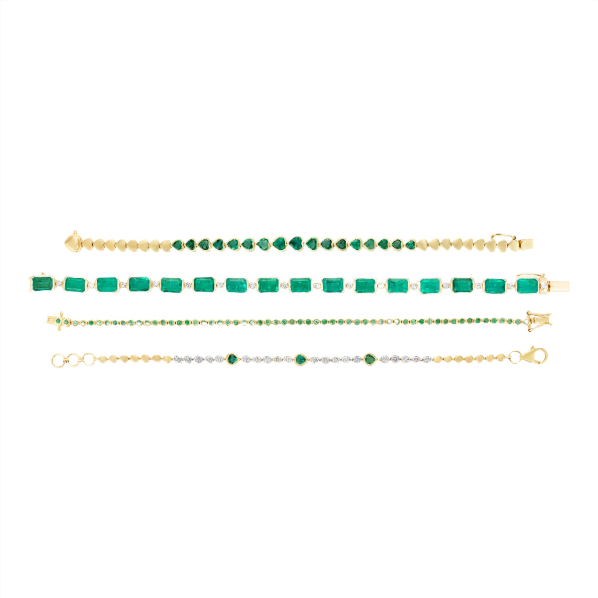 One-of-a-kind 14K yellow gold cocktail tennis bracelet featuring natural  emeralds accented with diamonds. 