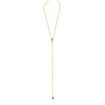Stunning 14K yellow gold convertible lariat necklace featuring radiant pear-shaped emeralds and dazzling diamonds, designed to be worn as a statement lariat or separated into a matching necklace and bracelet set for versatile elegance. Full image. 