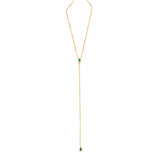 Stunning 14K yellow gold convertible lariat necklace featuring radiant pear-shaped emeralds and dazzling diamonds, designed to be worn as a statement lariat or separated into a matching necklace and bracelet set for versatile elegance. Full image. 
