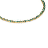 Mesmerizing dual tennis necklace crafted in 14K yellow gold, featuring vivid emeralds and sparkling diamond accents, offering a sophisticated and timeless design for elevating any ensemble.