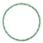 Mesmerizing dual tennis necklace crafted in 14K yellow gold, featuring vivid emeralds and sparkling diamond accents, offering a sophisticated and timeless design for elevating any ensemble.