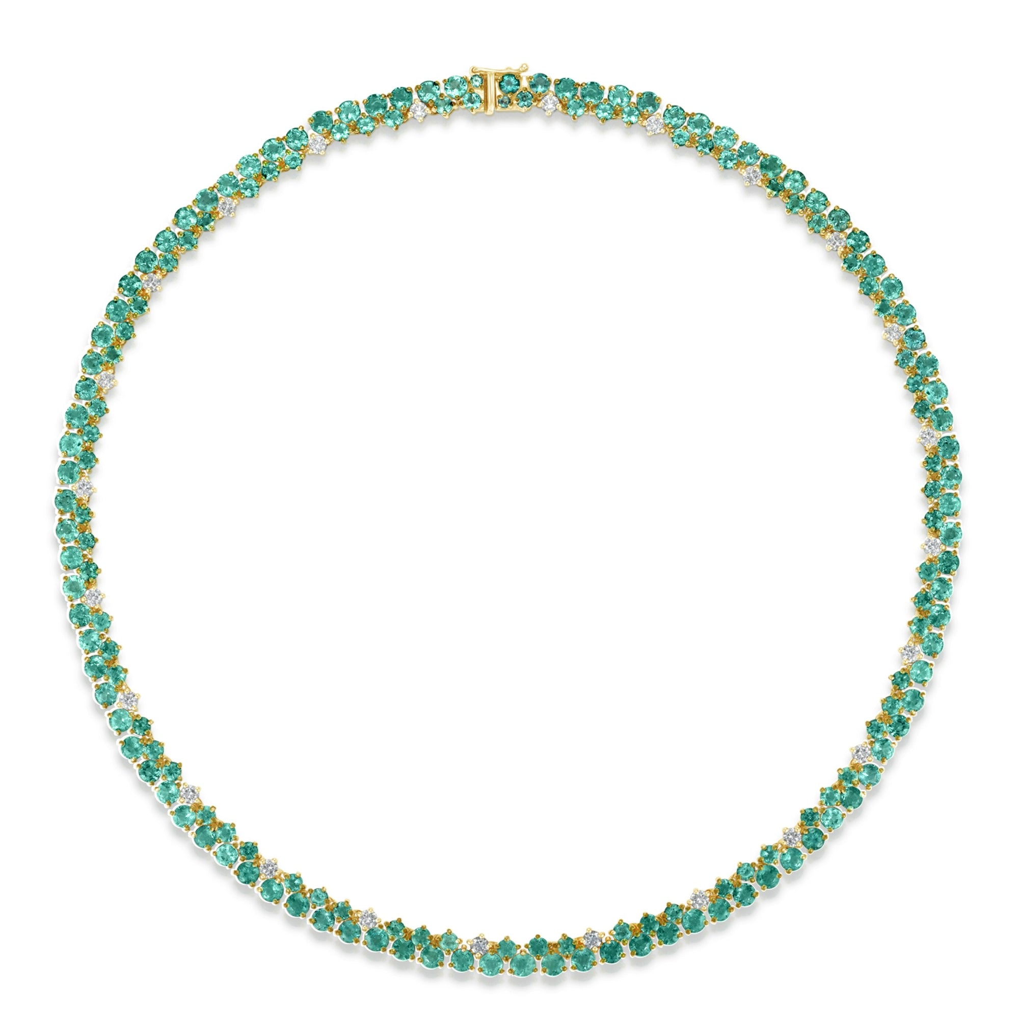 Mesmerizing dual tennis necklace crafted in 14K yellow gold, featuring vivid emeralds and sparkling diamond accents, offering a sophisticated and timeless design for elevating any ensemble.