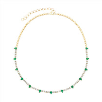 Adjustable 14K yellow gold tennis necklace featuring 2.13ct of pear-shaped emeralds and 4.51ct of G-H VS diamonds, with an 18-inch maximum length and total weight of 17.38g. A bold and vibrant take on the classic tennis necklace.
