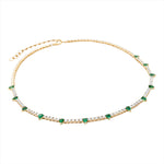 Adjustable 14K yellow gold tennis necklace featuring 2.13ct of pear-shaped emeralds and 4.51ct of G-H VS diamonds, with an 18-inch maximum length and total weight of 17.38g. A bold and vibrant take on the classic tennis necklace.
