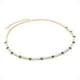 Adjustable 14K yellow gold tennis necklace featuring 2.13ct of pear-shaped emeralds and 4.51ct of G-H VS diamonds, with an 18-inch maximum length and total weight of 17.38g. A bold and vibrant take on the classic tennis necklace.