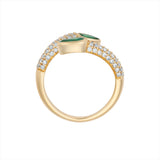 Elegant 14K yellow gold serpent-inspired bypass ring featuring two pear-shaped bezel-set emeralds (0.7ct) accented by 0.5ct of G-H VS pavé diamonds—perfect for day or night wear.