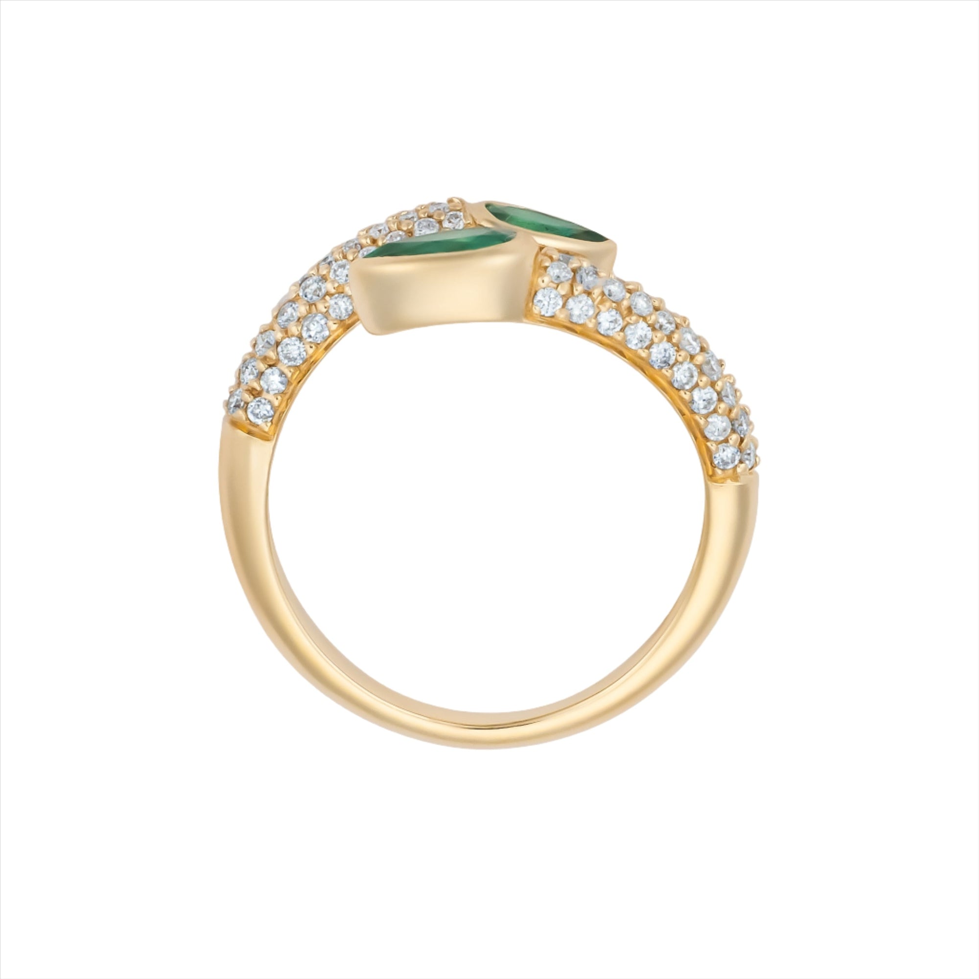Elegant 14K yellow gold serpent-inspired bypass ring featuring two pear-shaped bezel-set emeralds (0.7ct) accented by 0.5ct of G-H VS pavé diamonds—perfect for day or night wear.