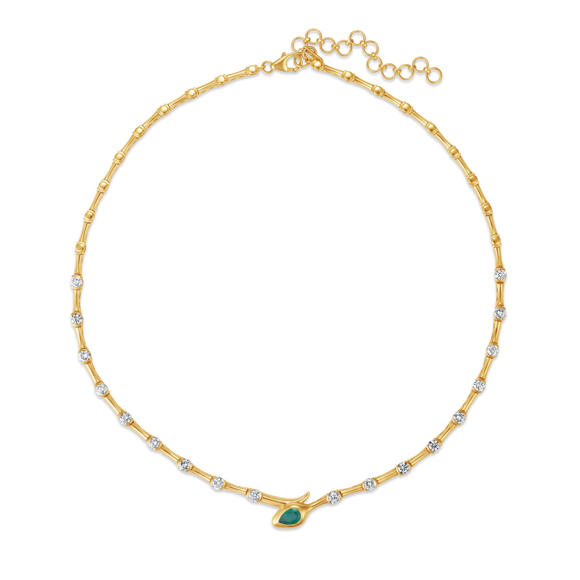 Luxurious 14K yellow gold serpent necklace featuring a vibrant green emerald complemented by shimmering diamonds, with an adjustable design that exudes timeless elegance and individuality.