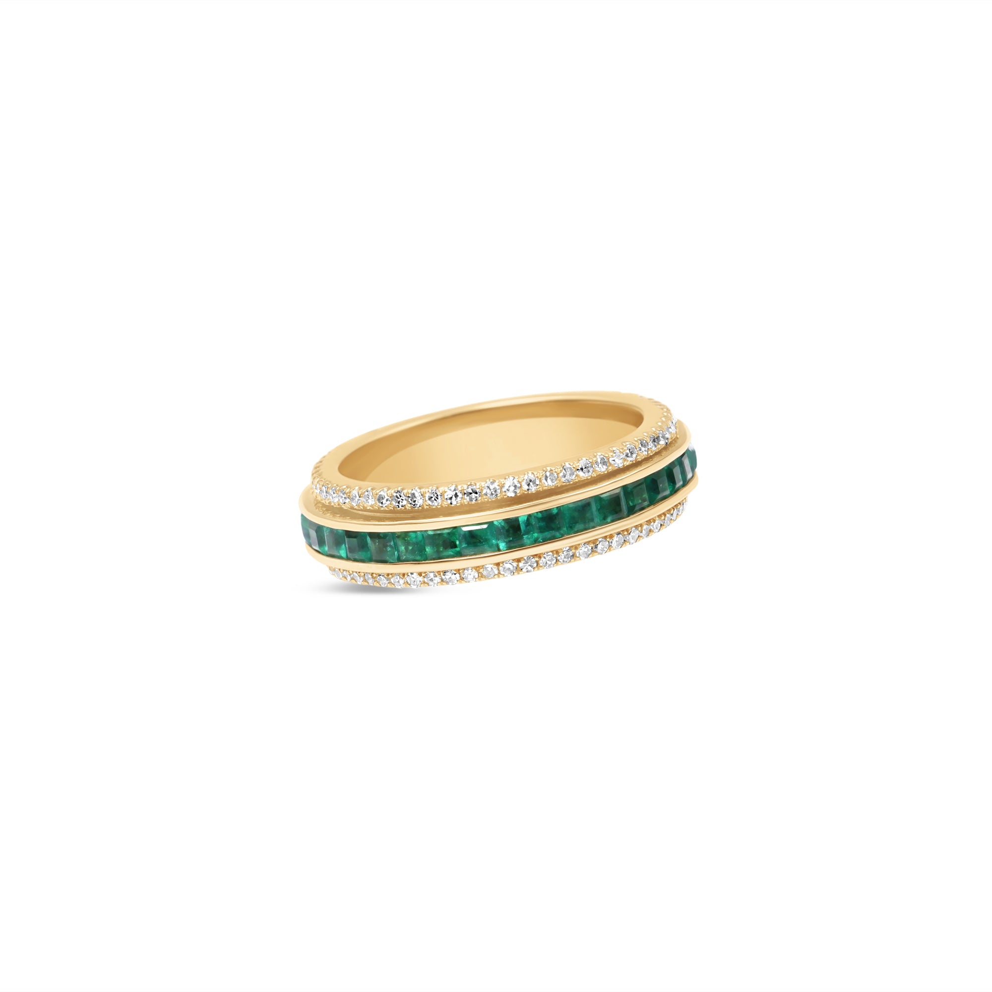 Sleek 14K yellow gold spinning fidget ring featuring vibrant emeralds and radiant diamonds, blending functional stress relief with timeless elegance and sophistication. Tilted Angle