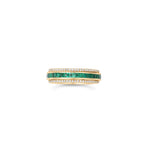 Sleek 14K yellow gold spinning fidget ring featuring vibrant emeralds and radiant diamonds, blending functional stress relief with timeless elegance and sophistication.