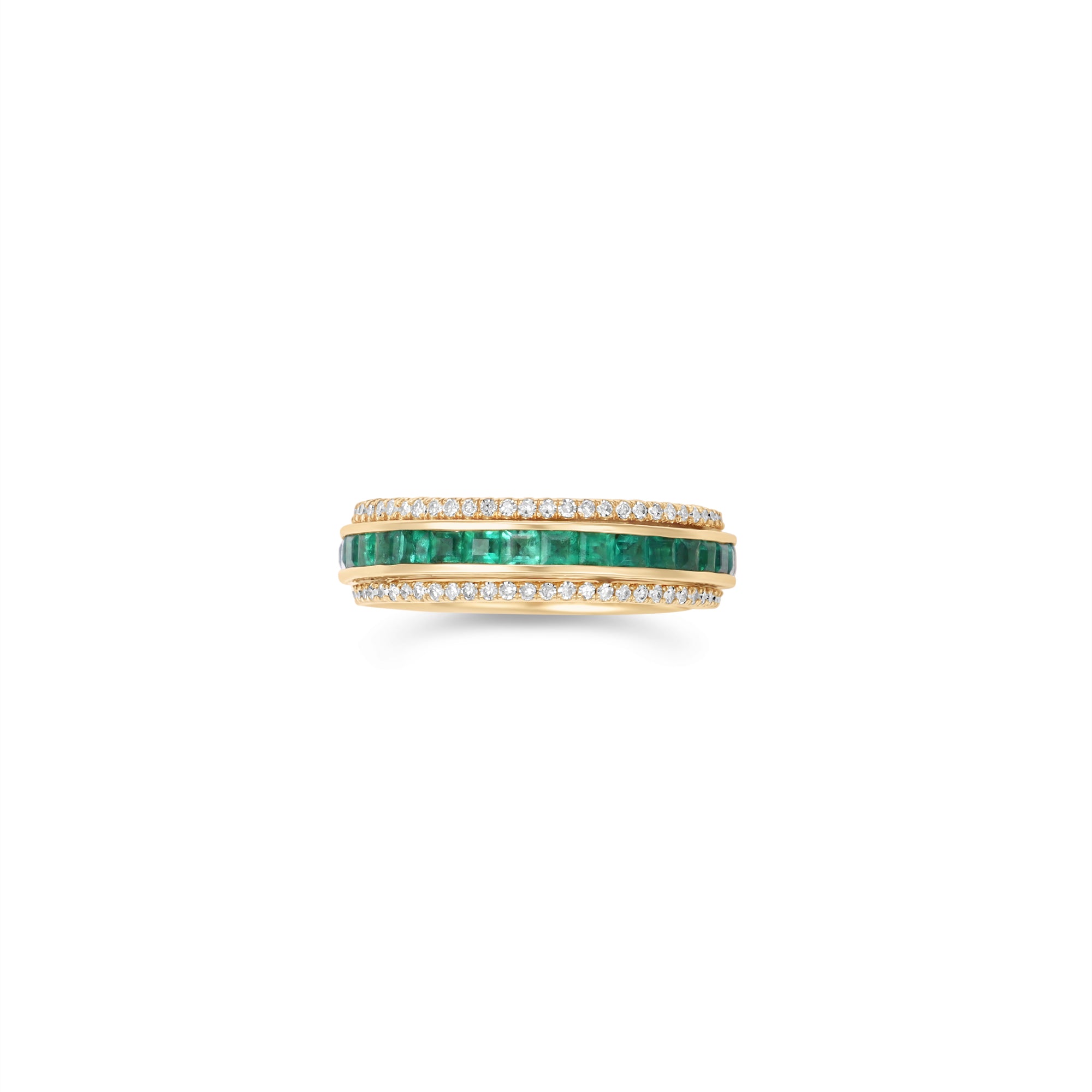 Sleek 14K yellow gold spinning fidget ring featuring vibrant emeralds and radiant diamonds, blending functional stress relief with timeless elegance and sophistication.