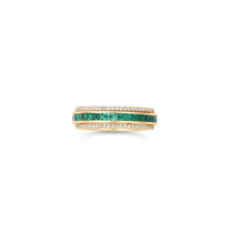 Sleek 14K yellow gold spinning fidget ring featuring vibrant emeralds and radiant diamonds, blending functional stress relief with timeless elegance and sophistication.