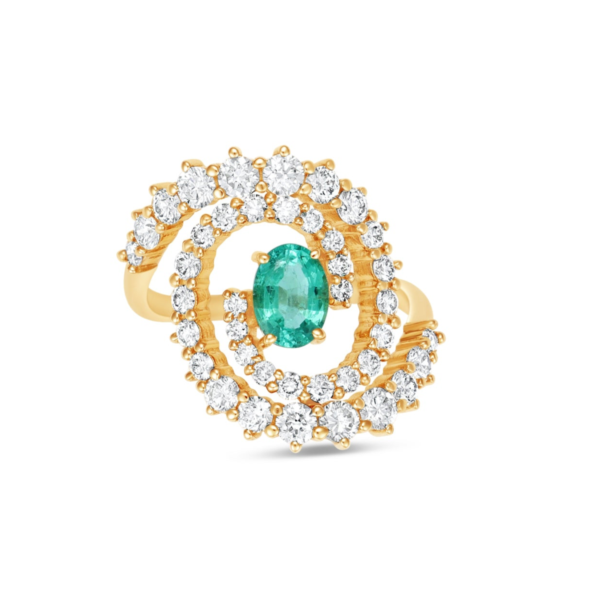 Stunning 14K yellow gold spiral ring featuring a vivid oval-cut emerald at its center, encircled by two spirals of sparkling round brilliant-cut diamonds, blending modern design with timeless elegance. Front view, close up. 