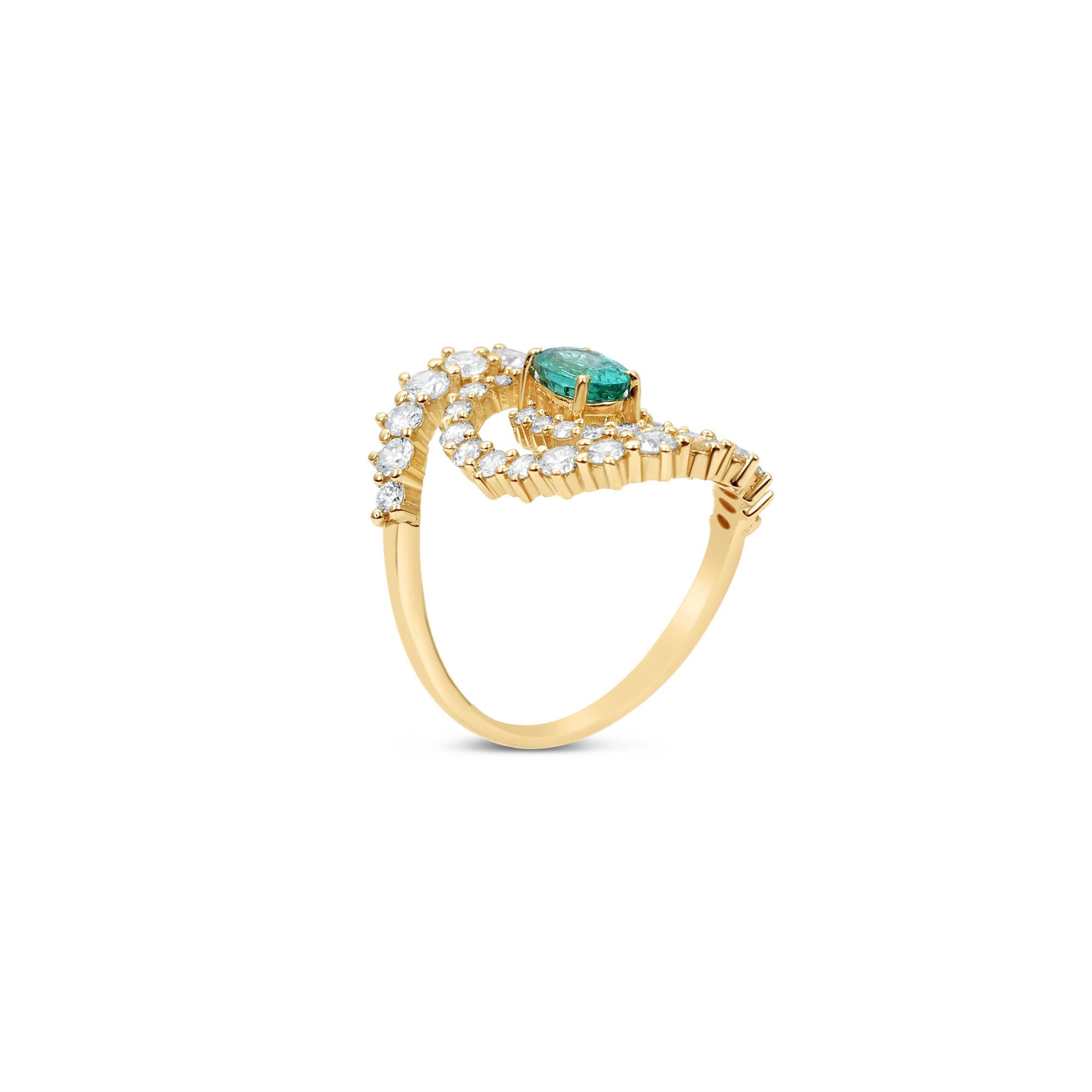 Stunning 14K yellow gold spiral ring featuring a vivid oval-cut emerald at its center, encircled by two spirals of sparkling round brilliant-cut diamonds, blending modern design with timeless elegance. Side angle. 