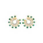 Striking 18K yellow gold disk earrings featuring vibrant emeralds and shimmering rose-cut diamonds, blending elegance with bold design for a timeless statement look. Front view.
