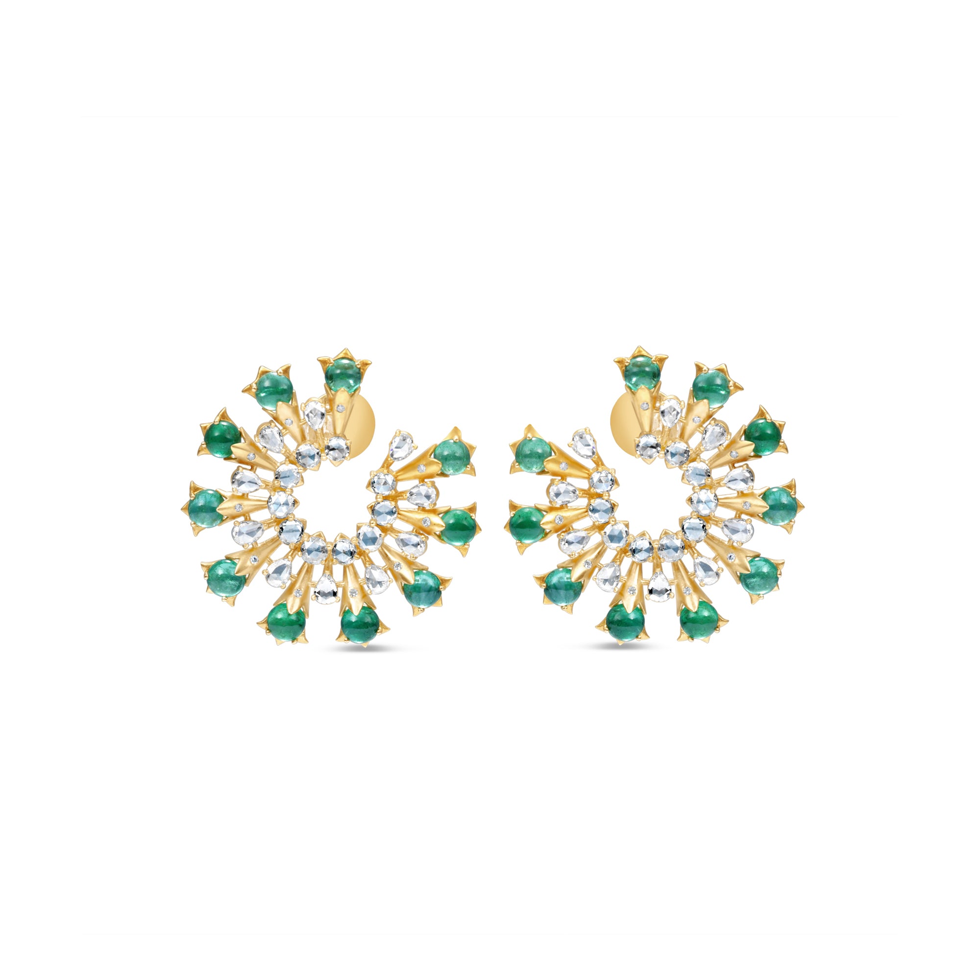 Striking 18K yellow gold disk earrings featuring vibrant emeralds and shimmering rose-cut diamonds, blending elegance with bold design for a timeless statement look. Front view.