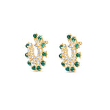 Striking 18K yellow gold disk earrings featuring vibrant emeralds and shimmering rose-cut diamonds, blending elegance with bold design for a timeless statement look. Side view. 