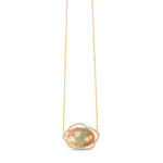 Mesmerizing Ethiopian Welo opal necklace featuring a delicate cloud-inspired halo of shimmering diamonds, crafted in radiant 14K yellow gold, showcasing timeless elegance and exceptional artistry.
