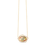 Mesmerizing Ethiopian Welo opal necklace featuring a delicate cloud-inspired halo of shimmering diamonds, crafted in radiant 14K yellow gold, showcasing timeless elegance and exceptional artistry.