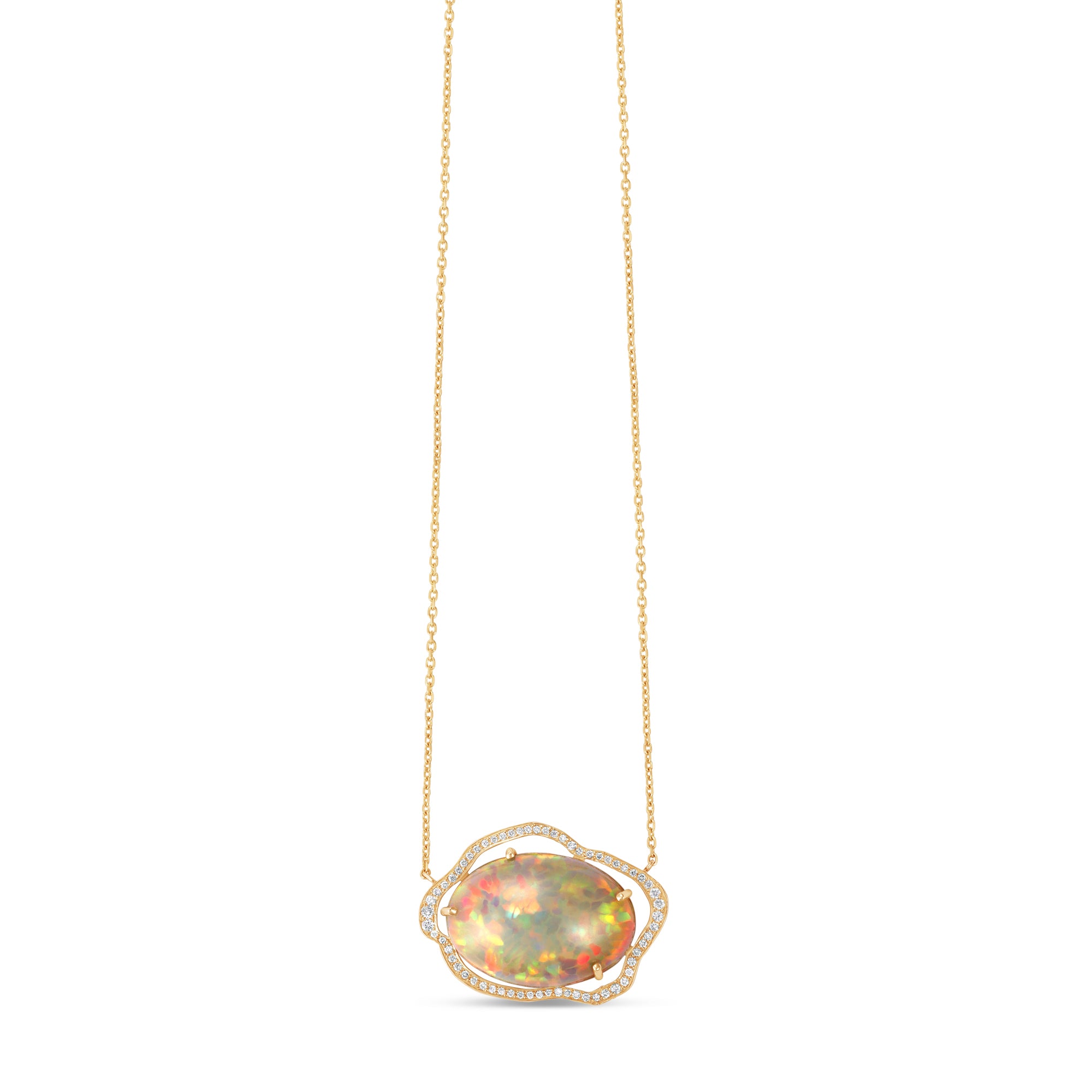 Mesmerizing Ethiopian Welo opal necklace featuring a delicate cloud-inspired halo of shimmering diamonds, crafted in radiant 14K yellow gold, showcasing timeless elegance and exceptional artistry.