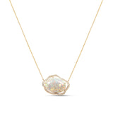A captivating Ethiopian Welo opal necklace, adorned with a delicate cloud-like halo of sparkling diamonds, crafted in luminous 14K yellow gold—a perfect blend of timeless elegance and exquisite craftsmanship.