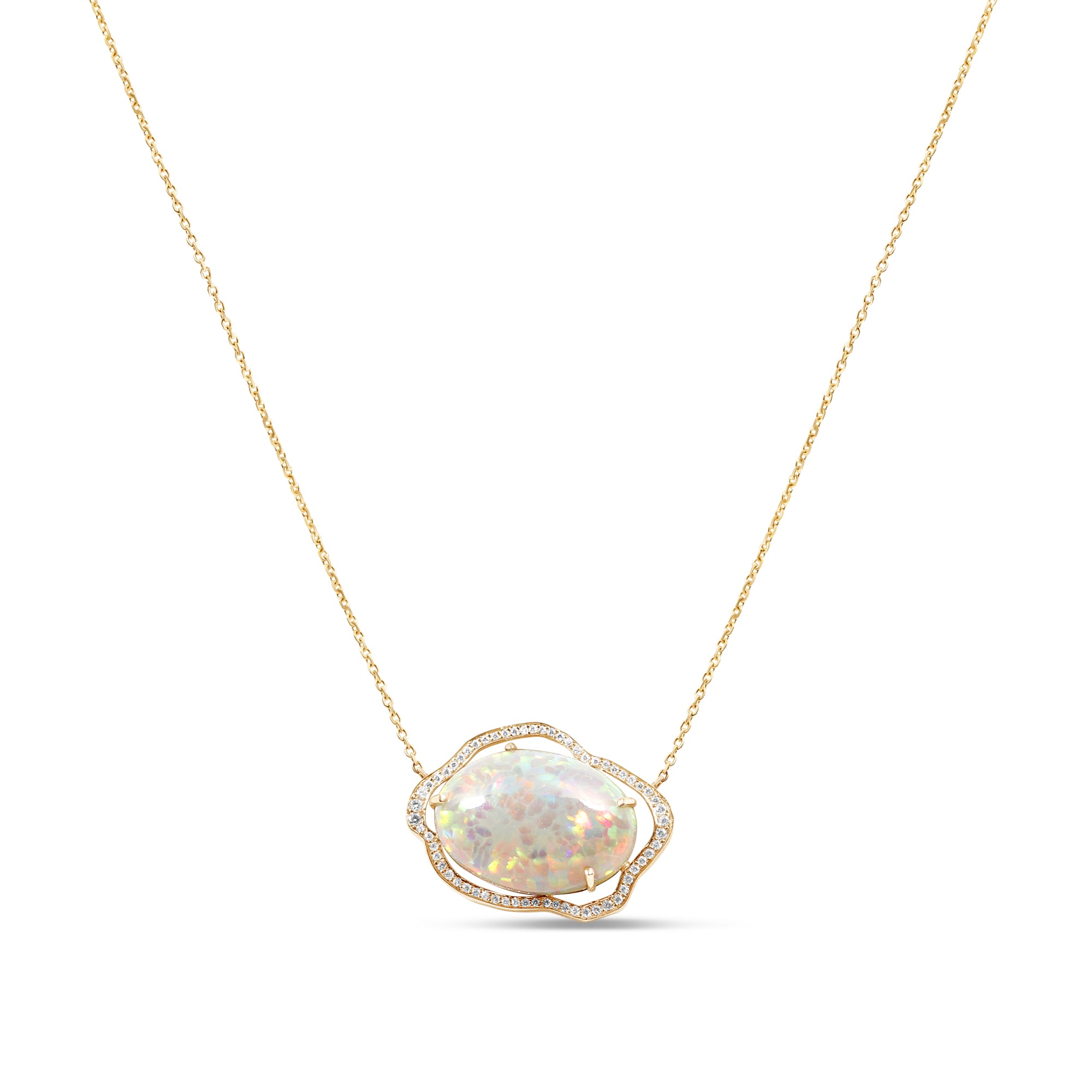 A captivating Ethiopian Welo opal necklace, adorned with a delicate cloud-like halo of sparkling diamonds, crafted in luminous 14K yellow gold—a perfect blend of timeless elegance and exquisite craftsmanship.