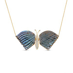Extra-large 18K yellow gold articulated butterfly necklace featuring luminous blue labradorite wings that shift with light, accented by sparkling diamonds for a bold and elegant statement piece.