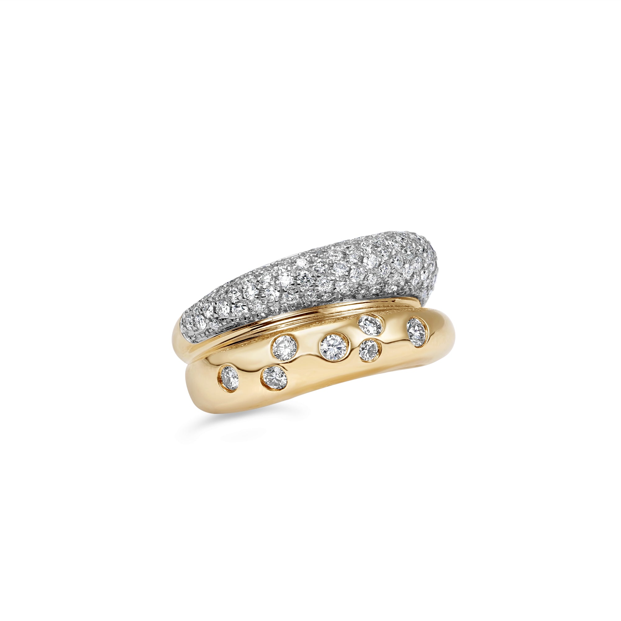Exquisite 14K white gold diamond dome ring featuring a brilliant pavé diamond centerpiece, enhanced by domed shaping and intricate fluted 14K yellow gold criss-cross details for a blend of elegance and sophistication. Close up, tilted, front facing. 