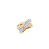 Exquisite 14K white gold diamond dome ring featuring a brilliant pavé diamond centerpiece, enhanced by domed shaping and intricate fluted 14K yellow gold criss-cross details for a blend of elegance and sophistication. Tilted image, close up. 