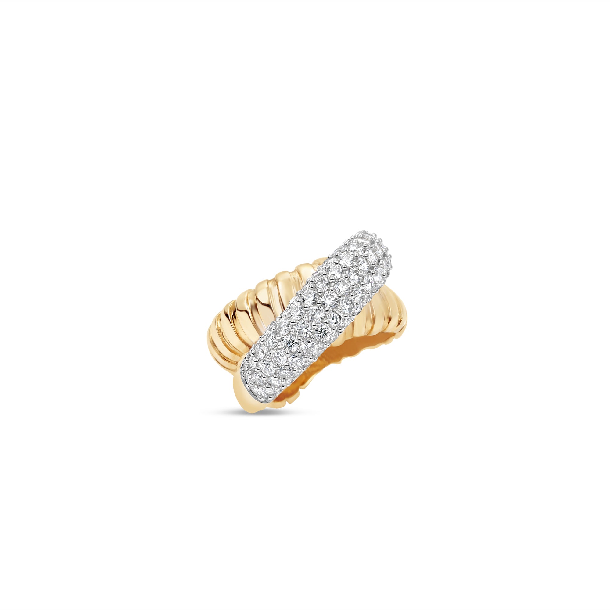 Exquisite 14K white gold diamond dome ring featuring a brilliant pavé diamond centerpiece, enhanced by domed shaping and intricate fluted 14K yellow gold criss-cross details for a blend of elegance and sophistication. Tilted image, close up. 
