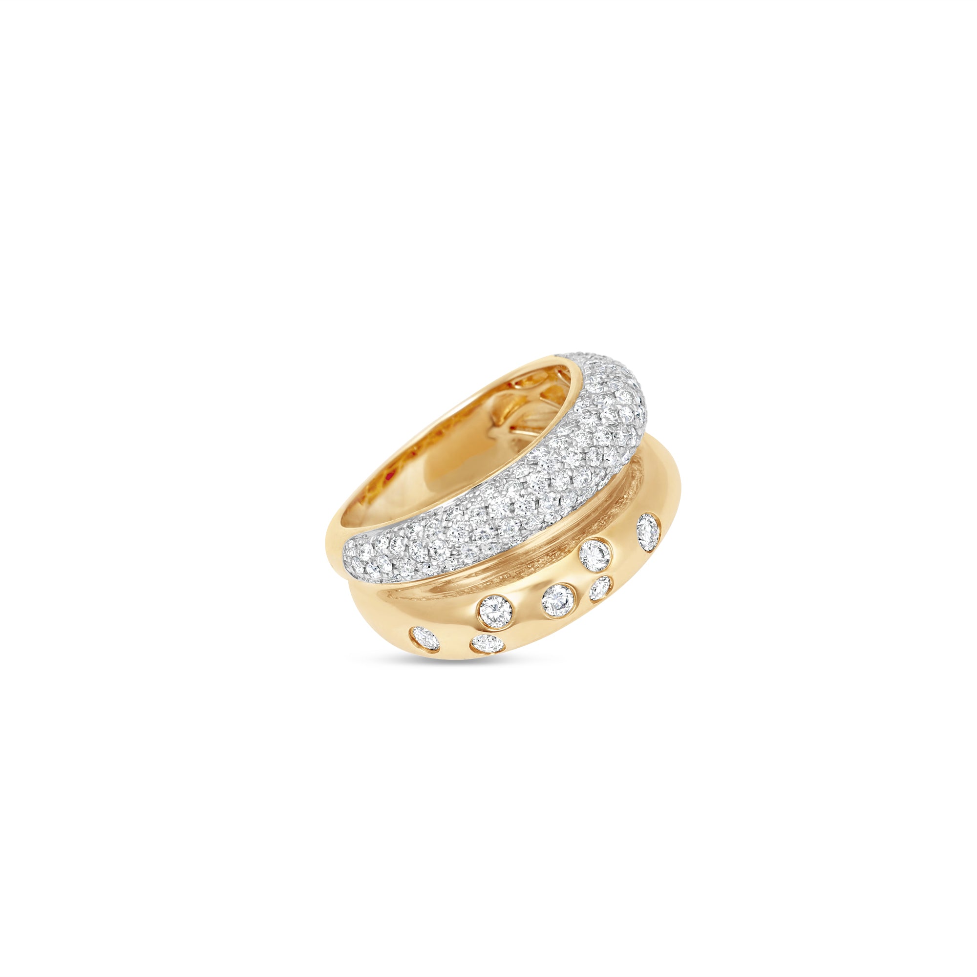 Exquisite 14K white gold diamond dome ring featuring a brilliant pavé diamond centerpiece, enhanced by domed shaping and intricate fluted 14K yellow gold criss-cross details for a blend of elegance and sophistication. Close up, tilted, peak into the inside of ring. 