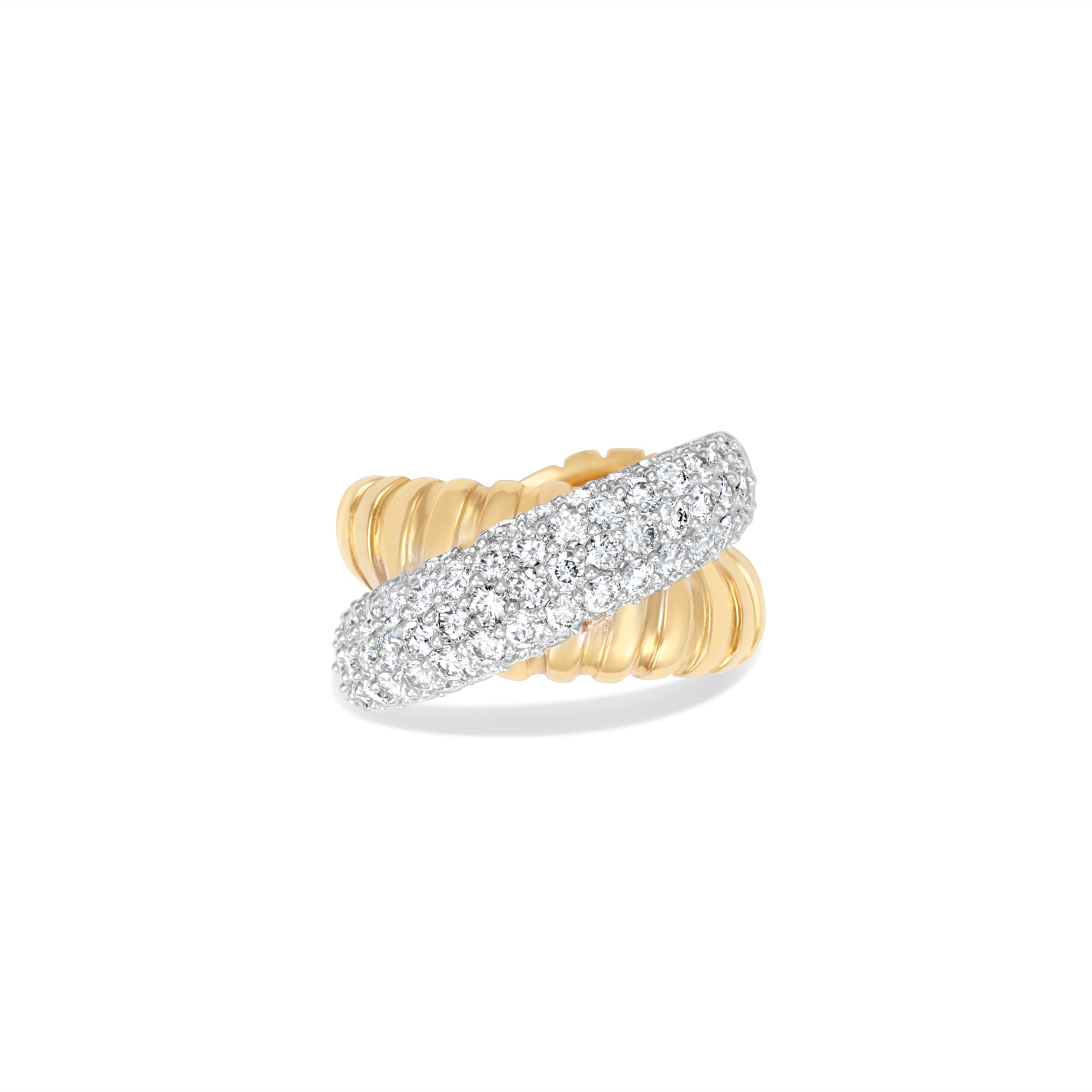 Exquisite 14K white gold diamond dome ring featuring a brilliant pavé diamond centerpiece, enhanced by domed shaping and intricate fluted 14K yellow gold criss-cross details for a blend of elegance and sophistication. Front facing close up. 
