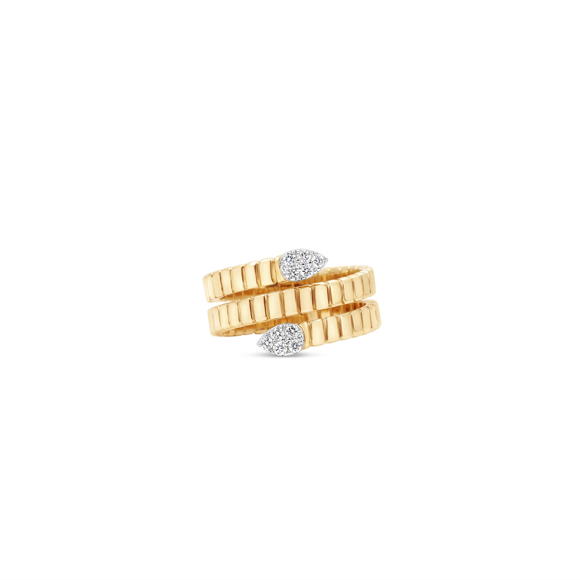 Stunning 14K yellow gold fluted wrap ring featuring pear-shaped pavé illusion diamonds, creating a dazzling effect with intricate texture and elegant craftsmanship, perfect for special occasions or everyday wear. 