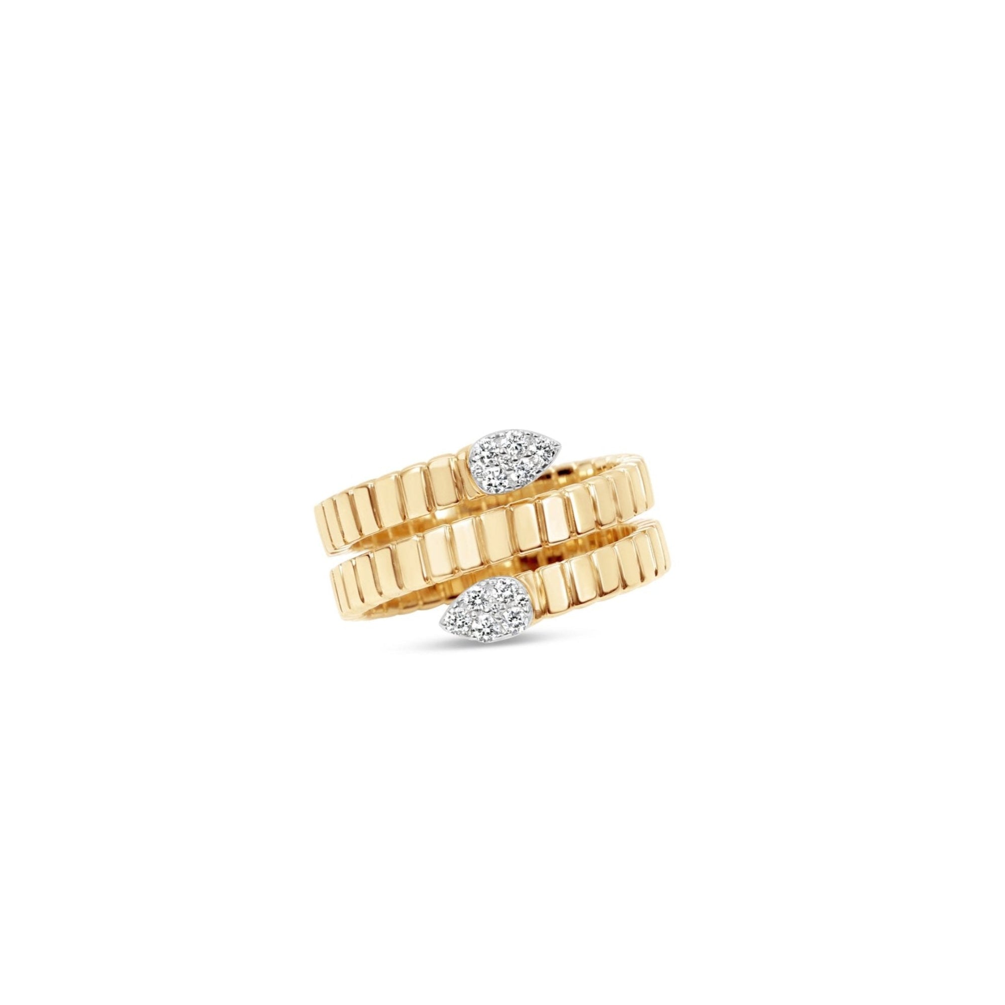 Stunning 14K yellow gold fluted wrap ring featuring pear-shaped pavé illusion diamonds, creating a dazzling effect with intricate texture and elegant craftsmanship, perfect for special occasions or everyday wear. Close up. 