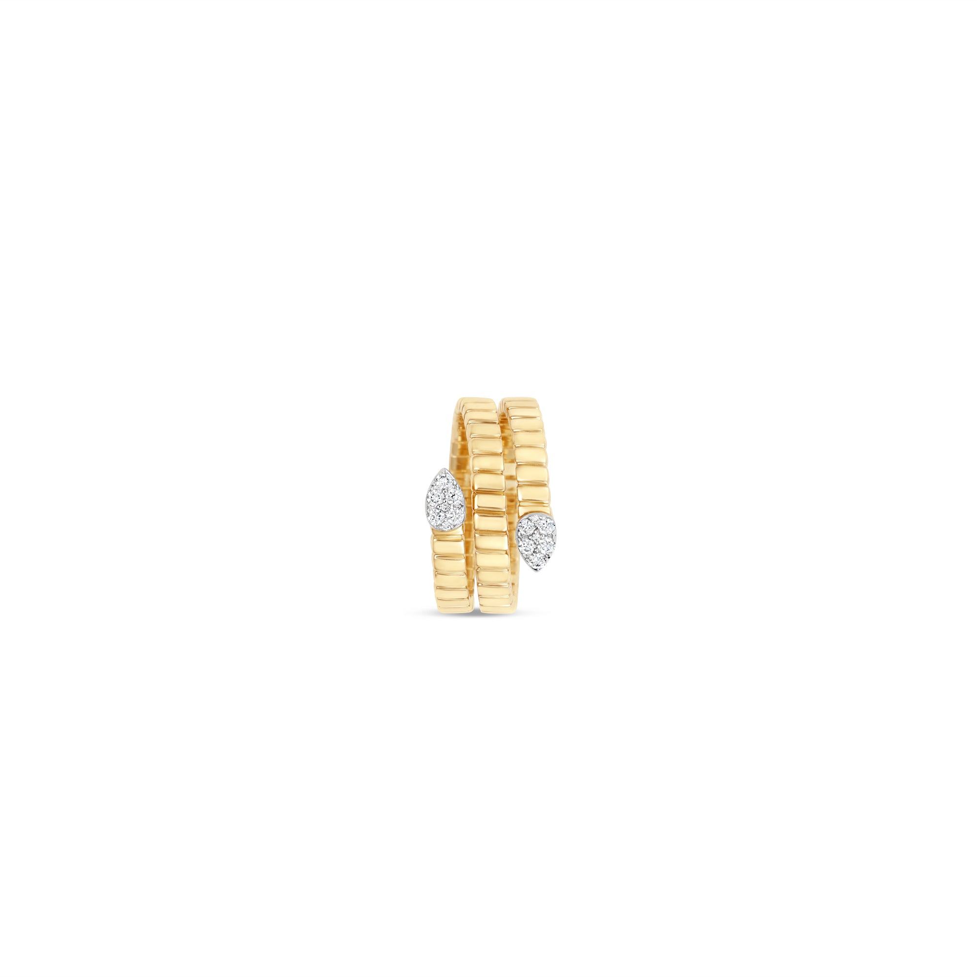 Stunning 14K yellow gold fluted wrap ring featuring pear-shaped pavé illusion diamonds, creating a dazzling effect with intricate texture and elegant craftsmanship, perfect for special occasions or everyday wear. Side view. 