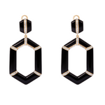 Striking geometric earrings crafted in 14K yellow gold with bold black onyx and sparkling diamond accents, totaling 29.43g—an elegant fusion of modern design and fine materials.