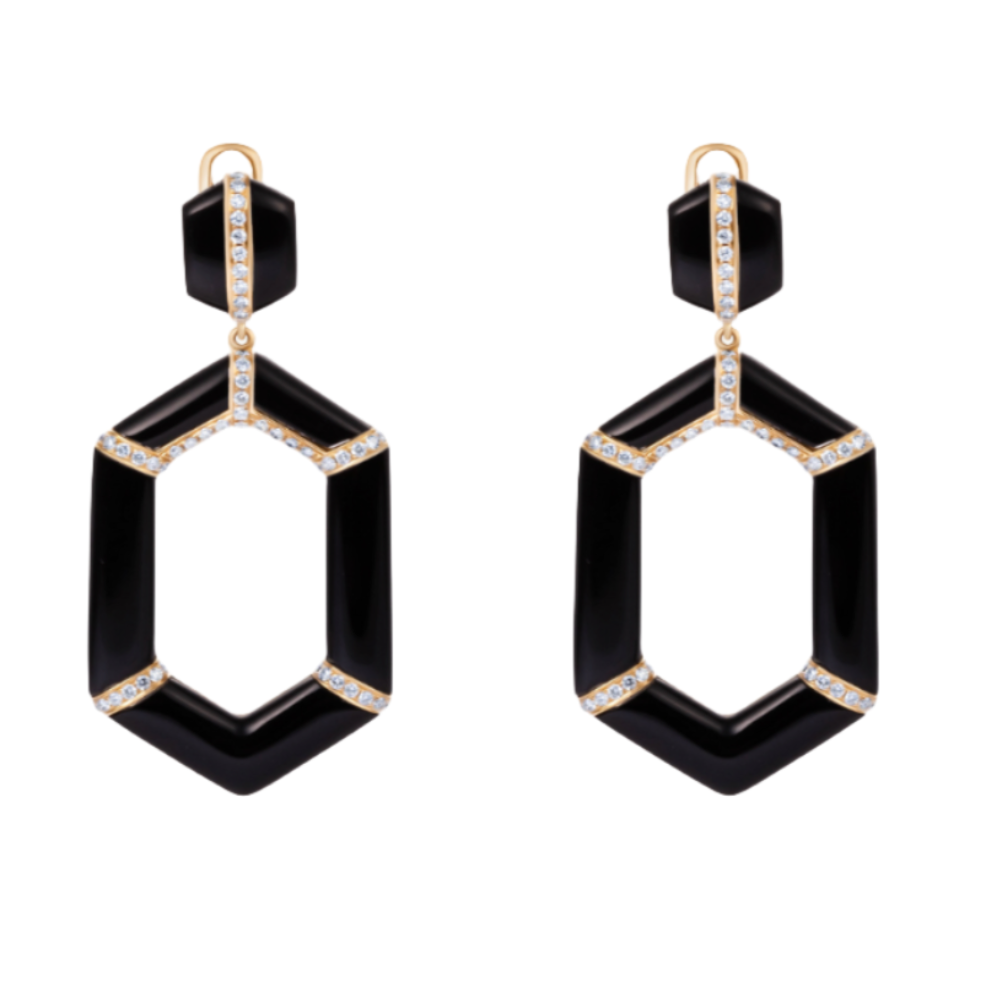 Striking geometric earrings crafted in 14K yellow gold with bold black onyx and sparkling diamond accents, totaling 29.43g—an elegant fusion of modern design and fine materials.