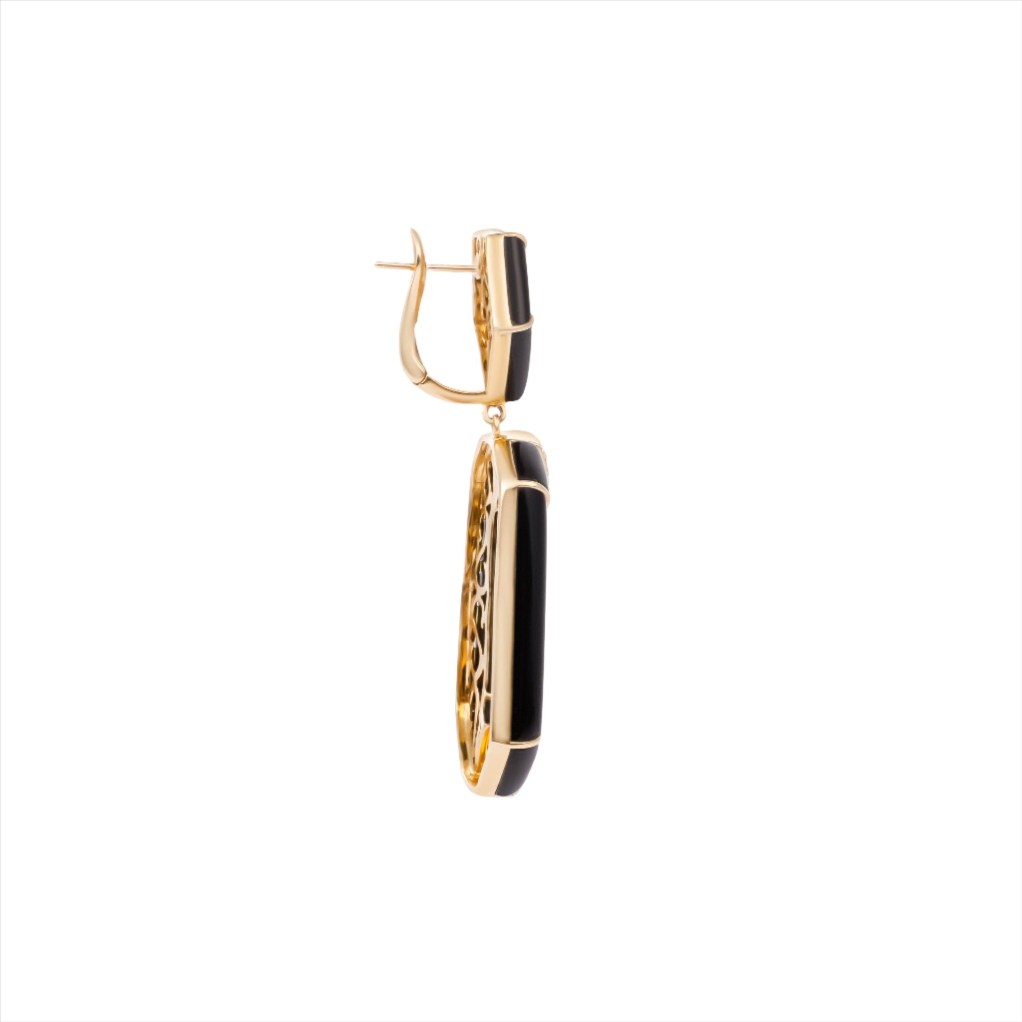 Striking geometric earrings crafted in 14K yellow gold with bold black onyx and sparkling diamond accents, totaling 29.43g—an elegant fusion of modern design and fine materials.