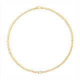 Elegant 14K yellow gold bead necklace featuring a single bezel-set 0.83ct oval-shaped diamond (G-H color, VS clarity) at the center, designed in a classic 16-inch length.